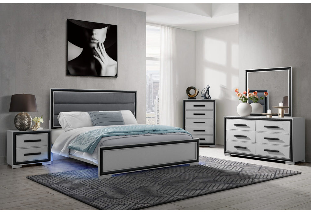 Amelia Grey-Black Bed With LED Dresser-Mirror And Nightstand