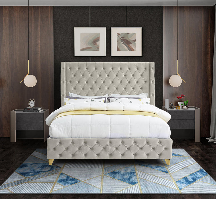 Savan Cream Velvet Queen Bed